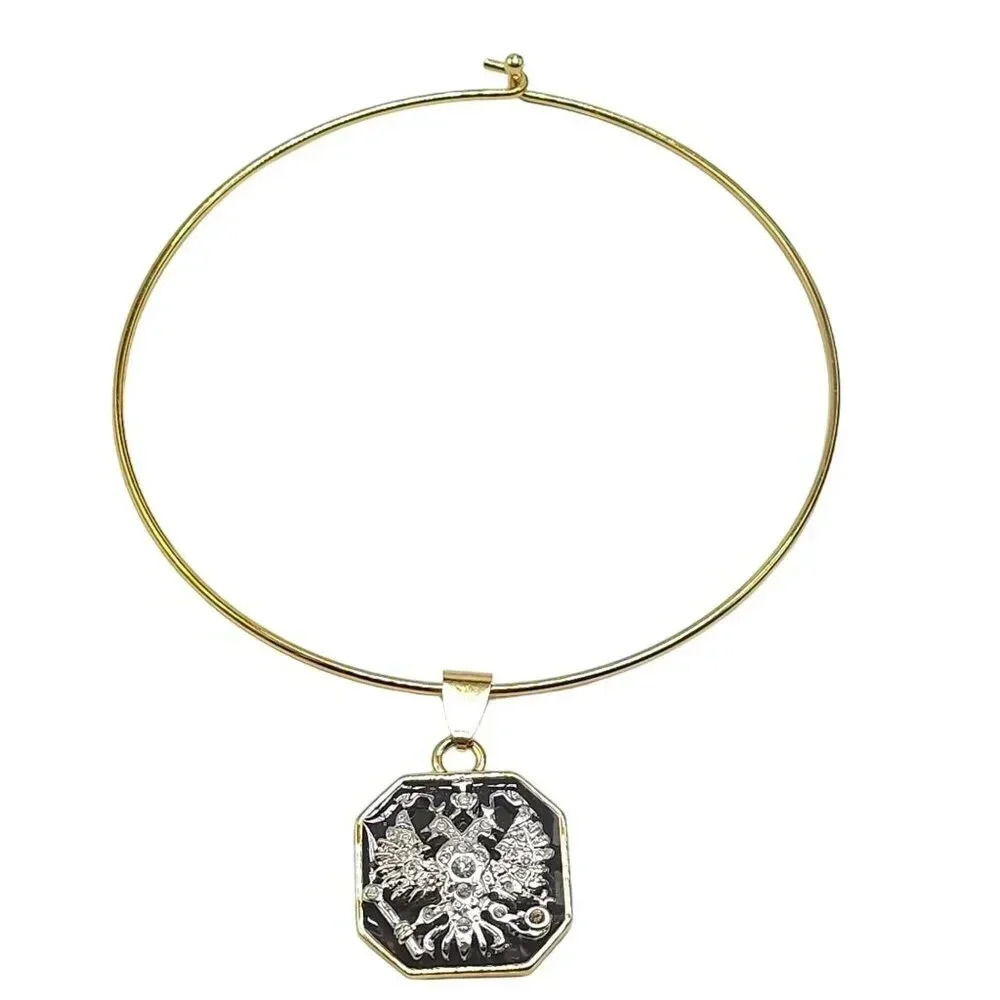 Vintage Joan Rivers Black Gold Imperial Russian Eagle Enamel Pendant Choker